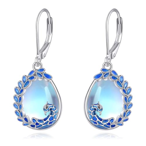 Boucles d'oreilles paon argent 925 femme avec pierre de lune véritable