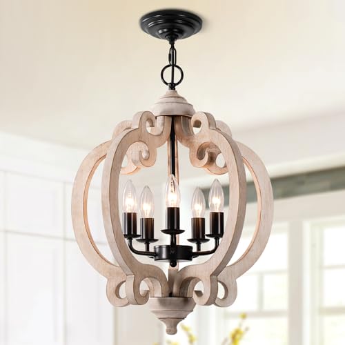 5-Light White Farmhouse Wood Chandelier, Rustic Dining Room Light Fixture