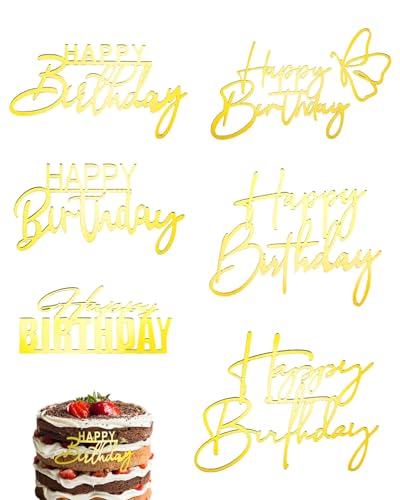 6ps Gold Happy Birthday Cake Topper Acrylic Cake Toppers Happy Birthday Sign Picks Decorations Cake Decorations for Party Anniversary
