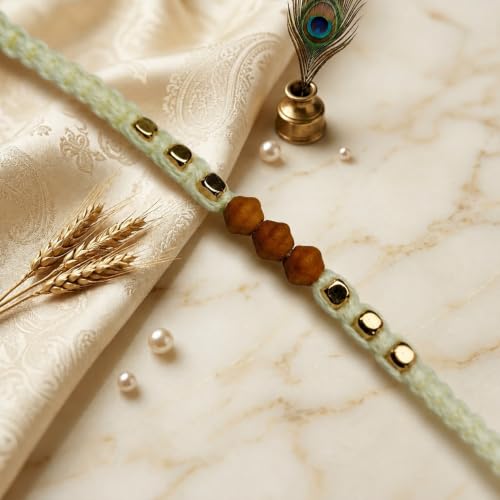 Image of Rakhi Set of 1 for Brother | Premium Rudraksha & Chandan Rakhi with Kundan Stone Designer Thread | Traditional Handmade Rakhi for Bhai, Brother, Bhaiya | Greeting Card Included | Multicolor