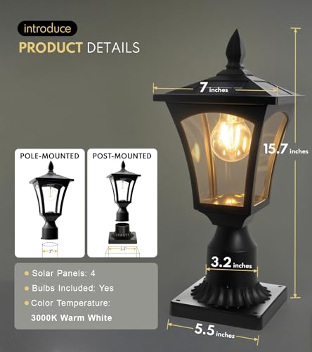 Solar Post Lights, 3000K Solar Lamp Post Light Fixture with Pier Mount Base, Dusk to Dawn Solar Post Lights Outdoor Waterproof for Garden Post Pole Mount, Replaceable Bulb, Decorative Lamp