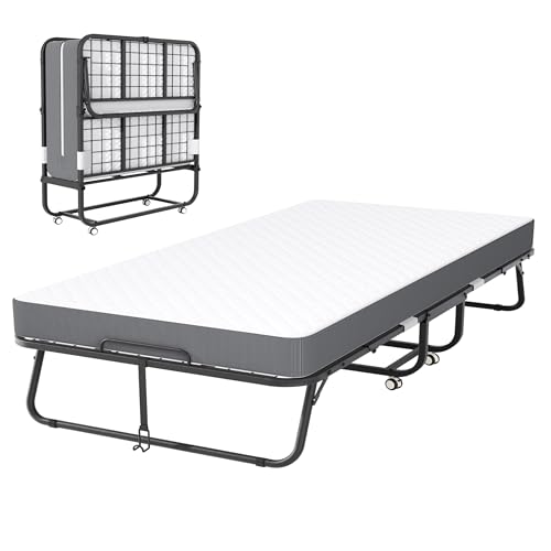 Bonusall Cama plegable con colchón, marco de metal resistente que ahorra espacio, cama individual para adultos, 5 pulgadas de grosor, 75 x 38 pulgadas, cama plegable portátil para invitados,