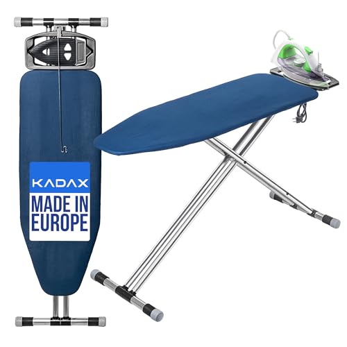 KADAX 120 x 42 cm Folding Aluminium Ironing Board with Iron Rest and Cable Holder, Height-Adjustable Ironing Board with Socket (Dark Blue)