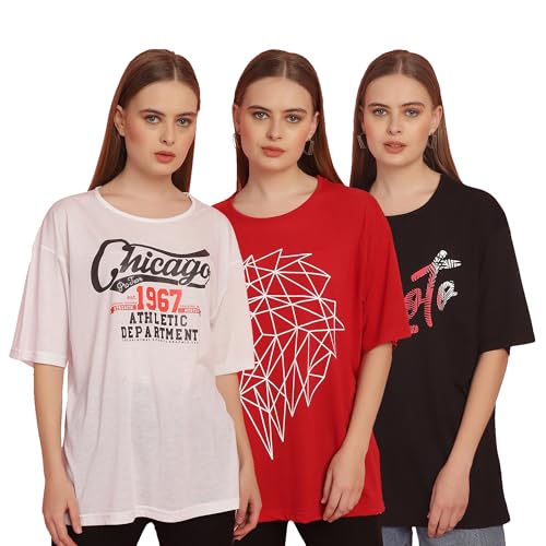 Image of Mack Jonney Printed Round Neck Cotton Regular Fit Oversize Half Sleeves Tshirt for Women(Pack of 3)-MACK631093