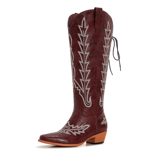 Image of Uillnoodu Wide Calf Cowboy Boots Women Knee High Tall Western Cowgirl Boots Adjustable Lace Up Plus Size Comfortable 2-Inch Heel