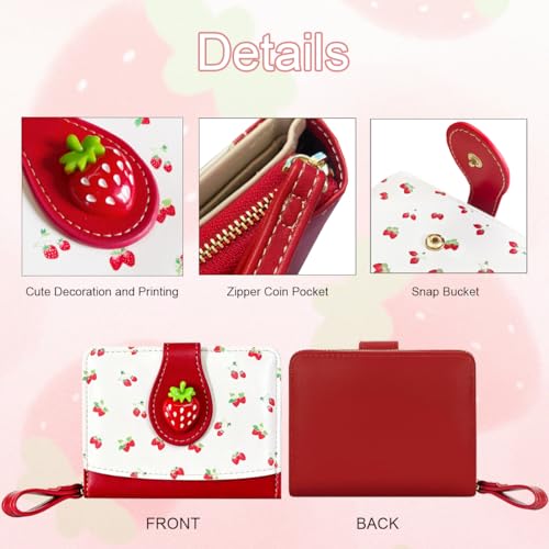 Image of Cute Print Wallet Blueberry Strawberry Cherry Wallet with Credit Card Slot Zipper Coin Pocket for Women Girls (RED STRAWBERRY)