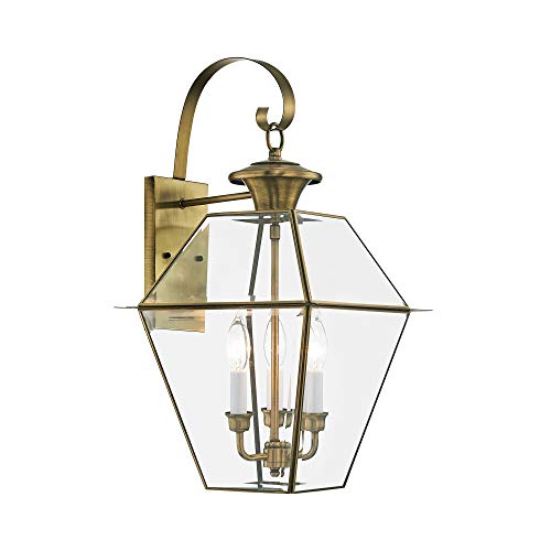 Image of Livex Lighting 2381-01 Westover 3-Light Outdoor Wall Lantern, Antique Brass