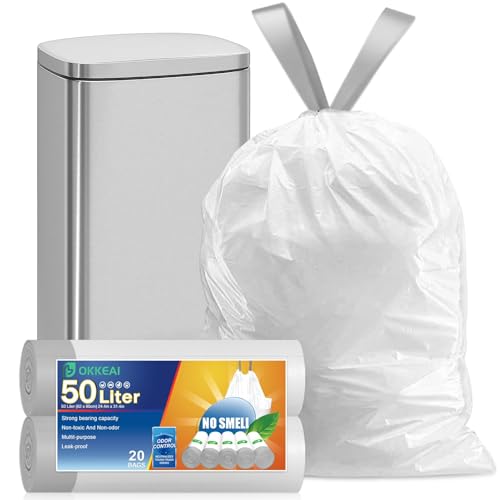 OKKEAI 50L Bin Liner Kit - Heavy Duty Tall Swing Rubbish Bags, 20 Counts Plastic White Trash Bags with Drawstring Tie Handle, Fit 40-60 Liter Bin