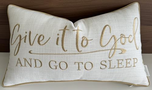 MANOJAVAYA Give It to God Embroidered Pillow Cover - 12x20 Inch Ivory Cotton - Lumbar Cushion Cover for Sofa, Couch, Bed - Farmhouse Christian Décor, Inspirational Gift - Beige