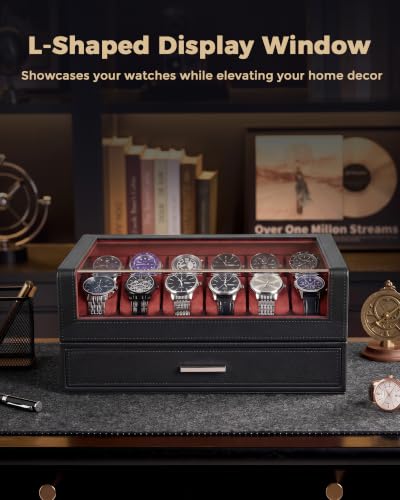 Image of ProCase Watch Box for Men, 12 Slots Watch Display Holder -Winered | Clear Acrylic Top, Large Capacity PU Leather Case with Drawer Organizer, Jewelry Storage, Ideal Gift for Men Women