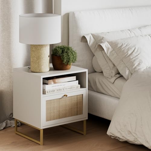 Image of Nathan James Mina Rattan Wood End Side Accent Table Nightstand with Storage for Living Room or Bedroom, 1, White/Gold