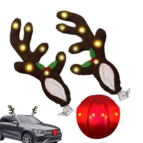 Decoraciones navideñas para automóvil, cuernos de reno iluminados con nariz, decoración de coche, para camión, vehículo, SUV, ventana exterior, techo, exhibición de vacaciones