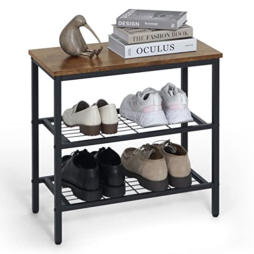 CAPHAUS 3-Tier Shoe Rack for Entryway, Mudroom Shoe Bench, Small Shoe Rack, Metal Shoe Shelf with Wood Board, Industrial Shoe Storage Table for Hallway, Living Room, Bedroom, Closet, Rustic Oak
