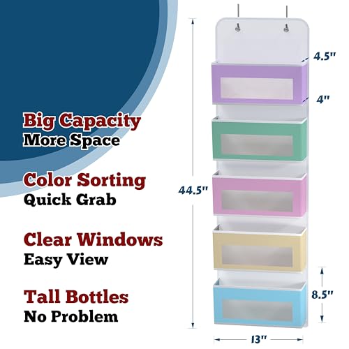Image of Simple Houseware 5 Clear Window Pocket Over Closet Door Storage Hanging Organizer for Bedroom, Bathroom, Pantry, Colorful