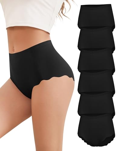 Cevapro High Waisted Seamless Underwear for Women No Show Panties Full Coverage Scalloped Edge Soft Stretch Briefs 6 Pack
