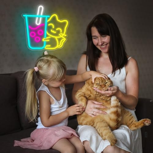 Image of Cat Boba Tea Neon Sign for Wall Decor Dimmable Bubble Tea LED Neon Sign for Cafe Bar Restaurant Coffee Dessert Shop Bedroom Decoration Size13.2 * 13.7In(WZCP019)