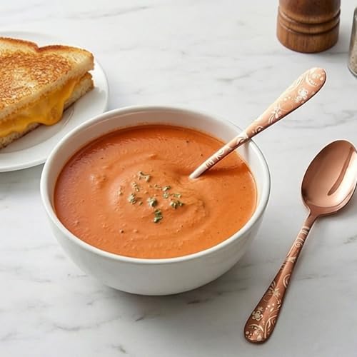Image of 8 inch Rosegold Silverware Dinner Spoons with Floral Printed Handle | 5-Piece Premium Stainless Steel Flatware Set | Dishwasher Safe Cutlery Set for Home, Restaurant & Gifting