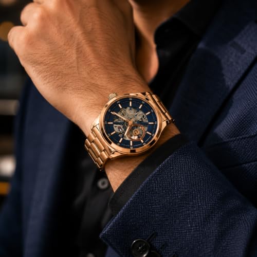 Image of Automatic Watches for Men Gold Watch Skeleton Analog Watch with Blue Dial, Mechanical Wrist Watch, Stainless Steel Chain Strap, Luxury Watches for Men, Classic Waterproof Timepiece