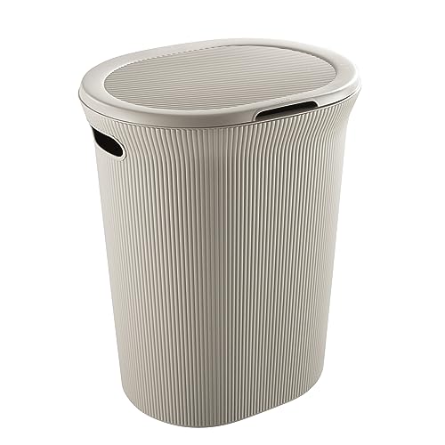 Image of Superio Ribbed Collection - Decorative Plastic Laundry Hamper with Lid and Cut-Out Handles, Taupe (2 Pack) Basket Organzier for Bedroom Bathroom College Dorm Room 40 Liter