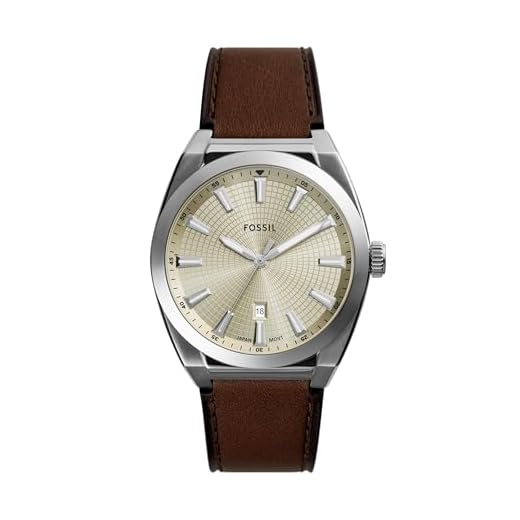 Fossil Relógio masculino Everett de quartzo de aço inoxidável com três ponteiros, Couro marrom/prata/creme, 42MM, Everett