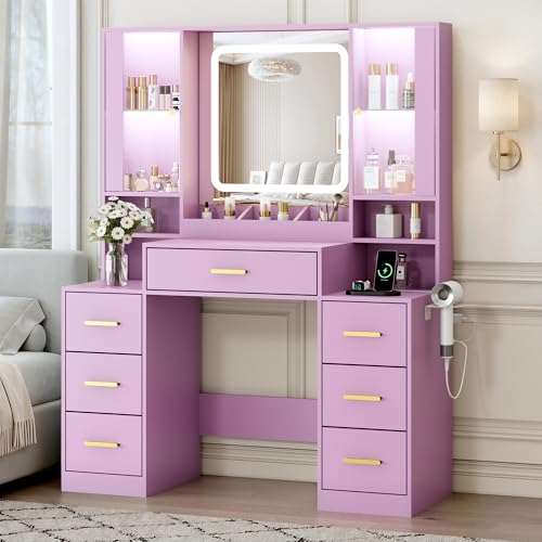 Image of BORNOON Vanity Desk with Mirror and Lights, Makeup Vanity with 7 Drawers, 2 Glass Door Cabinets, Charging Station, Adjustable Shelves, RGB Lighting, Holder
