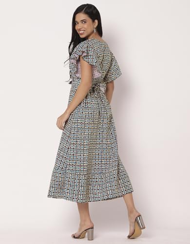 Image of Moomaya Women's Printed Dress, V-Neck, Short Sleeves, Ruffled Midi Summer Dress