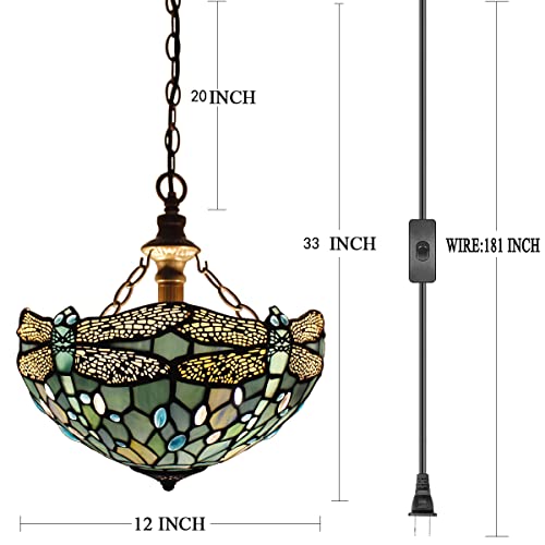 Image of WERFACTORY Tiffany Pendant Light Plug in Stained Glass 12 Inch Hanging Lamp