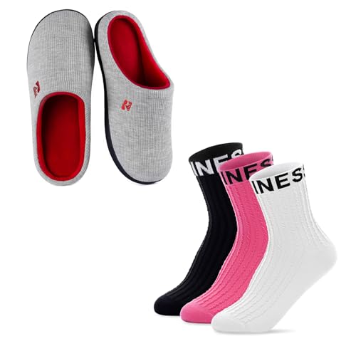 RockDove Women's Set Original Two-Tone Memory Foam Slipper (Size 7-8 US Women, Light Grey/Red) & 3-Pair Letter Trim Cotton Ankle Socks