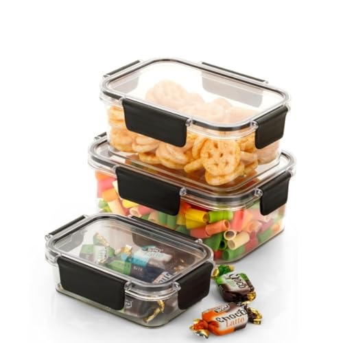 Image of Storescent Airtight Fridge Storage Containers Set of 3 | BPA-Free Plastic Kitchen Boxes for Pulses, Grains, Cereals, Dry Fruits | Pantry Organizer | 300ml, 800ml, 1200ml (Black (Set of 3))