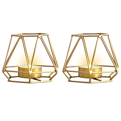 2 Pcs Metal Hexagon Shaped Geometric Design Tea Light Votive Candle Holders, Iron Hollow Tealight Candle Holders for Vintage Wedding Home Decoration, Gold (S + S)