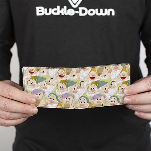 Buckle-Down Men's Disney Wallet, Bifold, Snow White The Seven Dwarfs Faces Stacked Yellow, Vegan Leather, 4.0" x 3.5"4