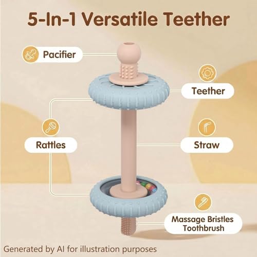 Image of Baby Teething Toys Baby Rattle Teething Straw 3-in-1 Barbell-Shaped, Made from Silicone, Built-in Toothbrush Head and Nipple Shape, Bpa-Free, Phthalate Free, Professionally Certified, Blue