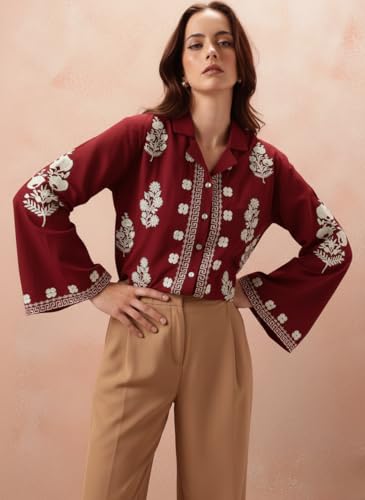 Image of Bee M Pee Designer Women's Embroidered Korean Crop Shirt | Full Bell Sleeves Western Tops for Woman Stylish | Oversized Formal /Casual /Office Wear Cotton Shirts Top for Women
