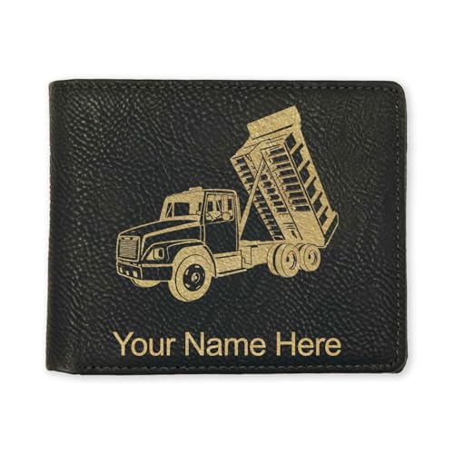 LaserGram Faux Leather Bi-Fold Wallet, Dump Truck, Personalized Engraving Included (Black with Gold)