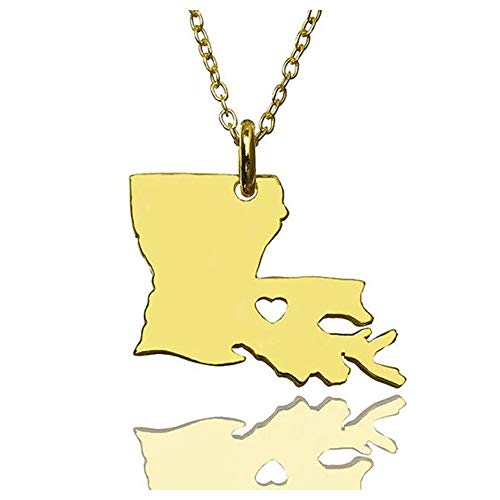 Art Attack Stainless Steel I Love Louisiana Necklace, Born On The Bayou, Pelican Heart State Map Country Pendant (Gold)