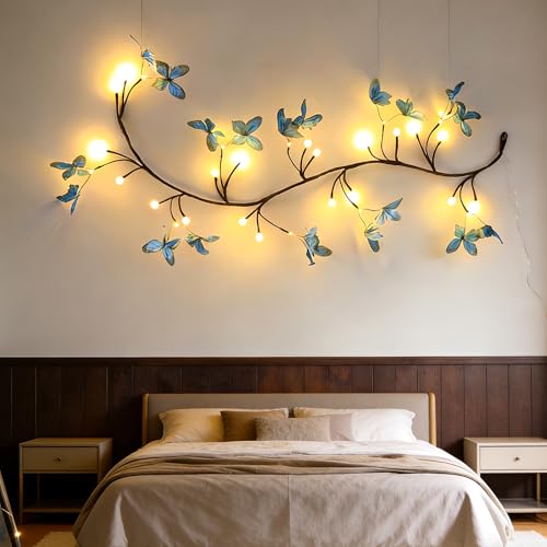 Garayma Blue Butterfly LED Tree Branch Lights for Wall, Butterfly Vine Lights for Bedroom with 144 LED Flower String Lights and USB Powered,8Lighting Modes for Indoor Window Wedding Decor (91in)