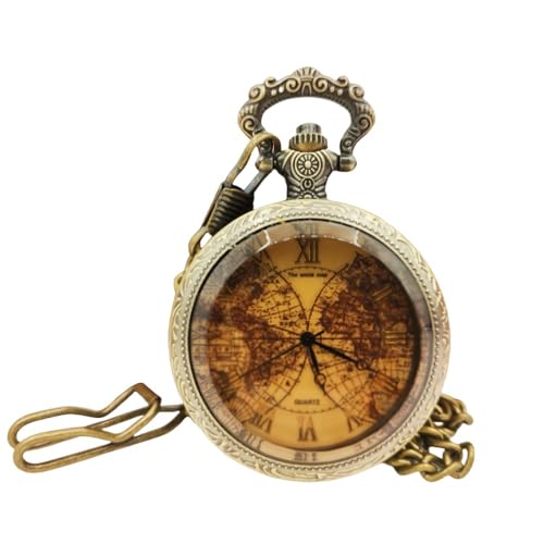 plyrmonth Tea Colored Glass Double Earth Pattern Pocket Watch, Unisex Casual Quartz Retro Pocket...