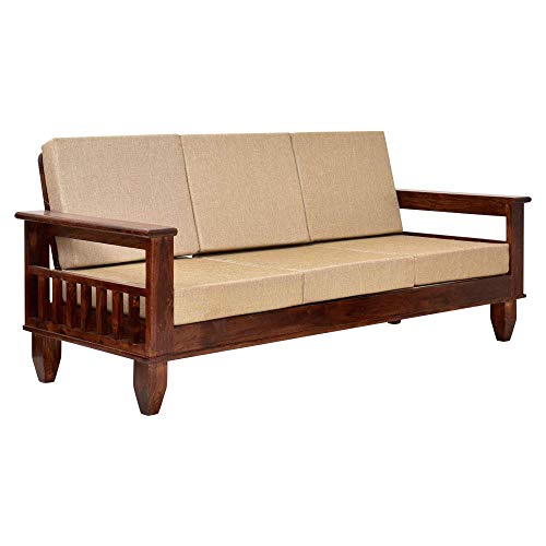 Image of Solid Sheesham Wood 5 Seater Sofa Set for Living Room Without Centre Table | Wooden 3+1+1 Five Seater Sofa Set with Cushions | Modern Sofa Set Furniture for Home, Office & Lounge | Brown Finish