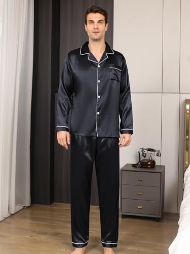 Satin Silky Men's Pajama Sets Long Sleeve Classic Sleepwear with Pockets Long Pants Lounge Set Pj Set Loungewear4