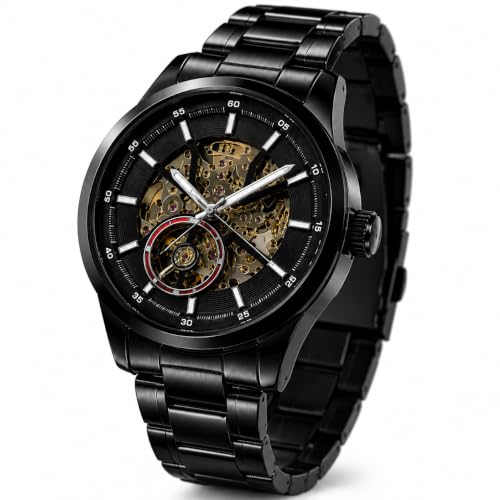 Image of Automatic Watches for Men, Black Analog Skeleton Mechanical Wrist Watch with Stainless Steel Chain, Black Dial, Self Winding Luxury Timepiece, Classic Waterproof Hand Watch