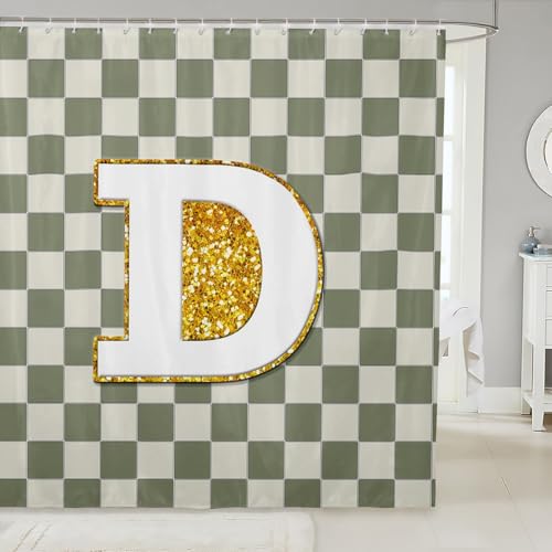 Image of Erosebridal Sage Green Checkered Shower Curtain 72 inch Wx84 L Plaid Initial D Bathroom Curtain Personalized Monogram Bathroom Accessories for Kids Adults,Fashion Grids Gingham Shower Decor