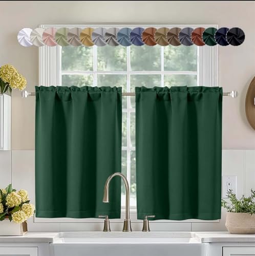 Image of Aiyufeng Ever Green Short 36 Inches Blackout Curtain 2 Panels Set, Half Window Rod Pocket Privacy Curtain Tiers for Kitchen, Curtains Blackout for Bathroom Shades, W40 x L36 Inch, Ever Green