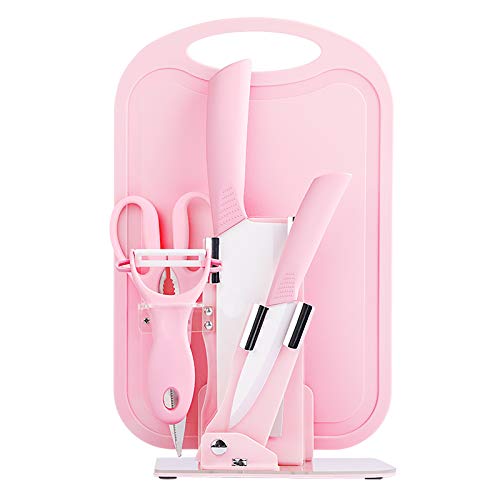 Maiitmor セラミックナイフセット、キッズキッチンナイフまな板セット、キッチンシェフナイフシャープセット、小型で耐久性、オフィス、寮、旅行、離乳食用,ピンク