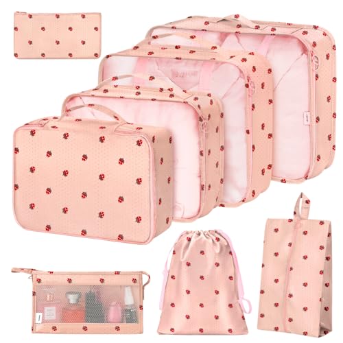 Conjunto de 8 cubos de embalagem para malas com organizadores para sapatos, cosméticos, roupas e acessórios, organizadores de bagagem de viagem para mulheres e homens (moranguinhos)