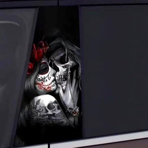 Image of Blueshyhall 2PCS Car B-Pillar Vinyl Decals, Skull Couple Personalized Vehicle Door Pillar Sticker, Waterproof Sun Protection Scratch Cover
