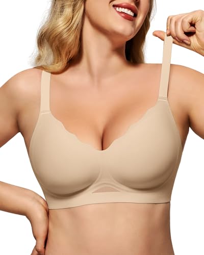 HORISUN Womens No Underwire Bras Supportive Scalloped V Neck Tshirt Bra Comfortable Wireless Seamless Push Up Bralette