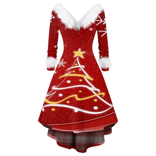 Azruma Strickpullover Damen Ballkleider Damen Lang Kleid Mädchen Langarm Frauen Festlich Weihnachten Karierte Drucken Plüsch V-Ausschnitt High Low...