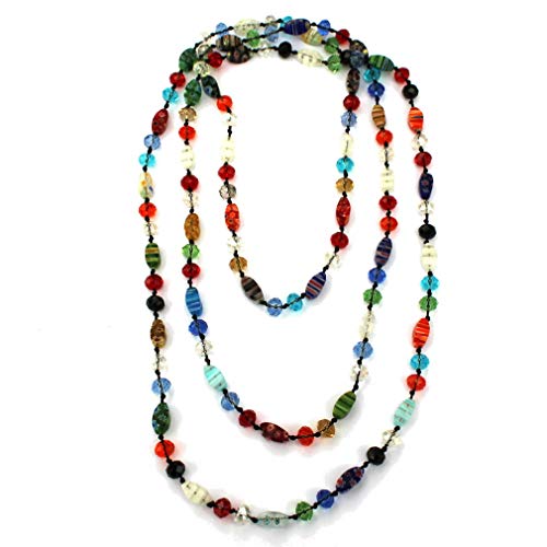 DOLON 60 Inch Waterproof Hand Knotted by Colorful Rainbow Murano Glass Crystal Beads Statement Strand Long Necklace Versatile Multi Layer