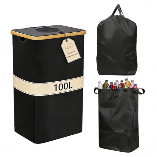 Ribech 100 Litre Foldable Bottle Recycling Bin with Lid & Removable Bag | Large Capacity Deposit Bottle Storage Container for Kitchen, Utility Room & Garage | Collapsible Design with Lockable Top