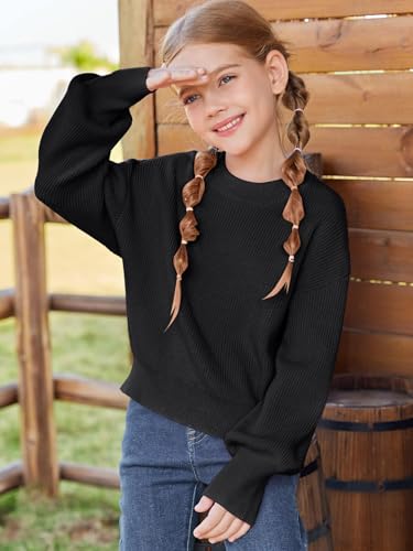 Image of Haloumoning Girls Knit Pullover Sweaters Mock Neck Long Lantern Sleeve Jumper Tops 5-14 Years Black